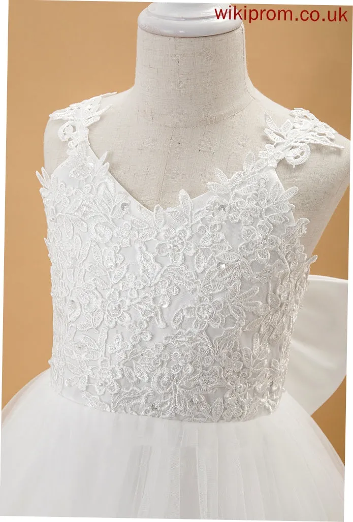 Ball-Gown/Princess Dress Taniyah Tulle/Lace Flower Girl Dresses Floor-length Beading/Bow(s) - V-neck Sleeveless Flower With Girl