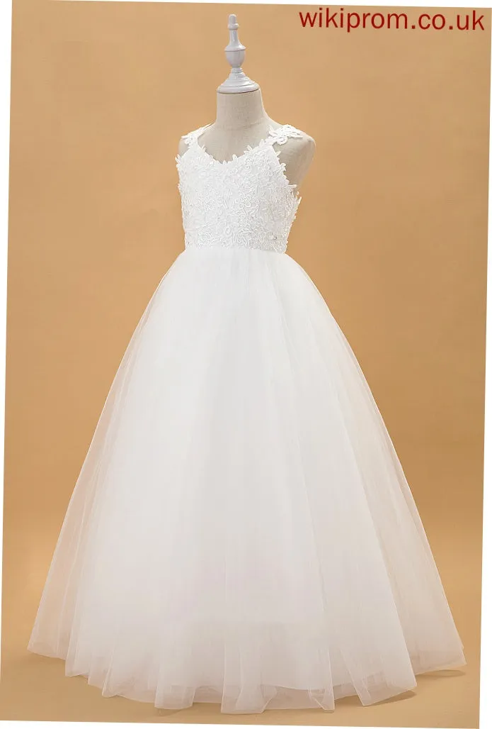 Ball-Gown/Princess Dress Taniyah Tulle/Lace Flower Girl Dresses Floor-length Beading/Bow(s) - V-neck Sleeveless Flower With Girl