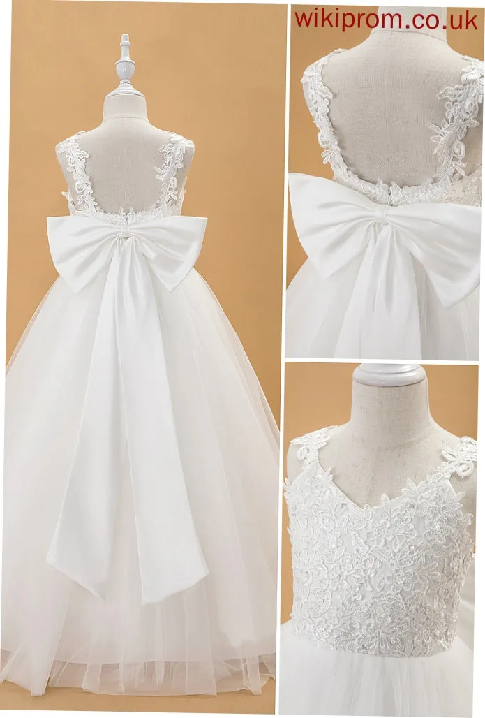 Ball-Gown/Princess Dress Taniyah Tulle/Lace Flower Girl Dresses Floor-length Beading/Bow(s) - V-neck Sleeveless Flower With Girl