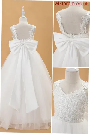 Ball-Gown/Princess Dress Taniyah Tulle/Lace Flower Girl Dresses Floor-length Beading/Bow(s) - V-neck Sleeveless Flower With Girl
