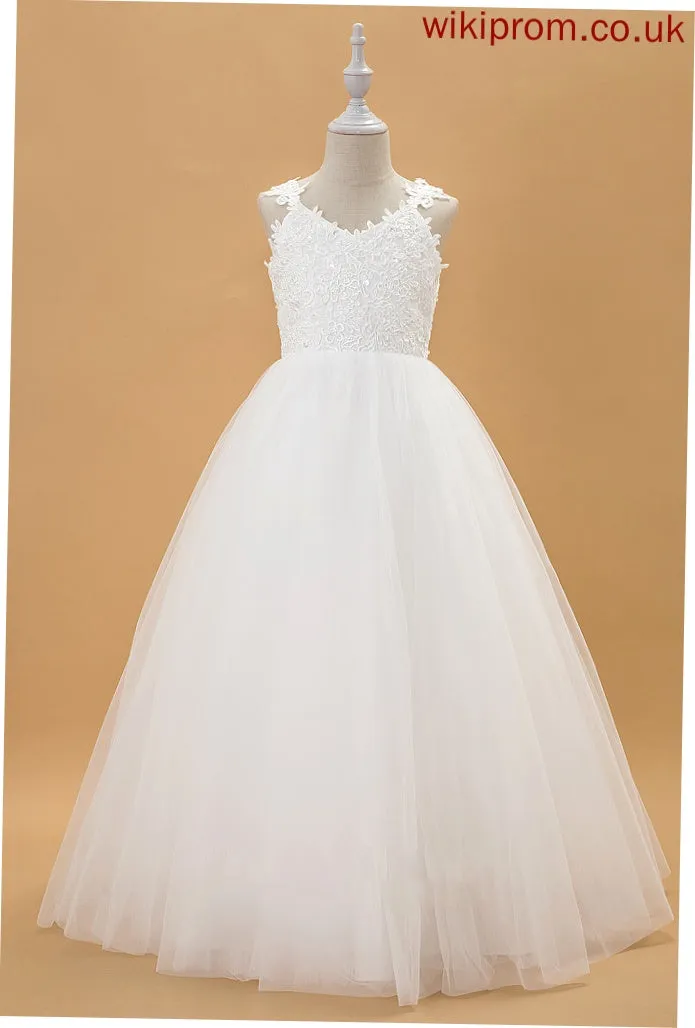 Ball-Gown/Princess Dress Taniyah Tulle/Lace Flower Girl Dresses Floor-length Beading/Bow(s) - V-neck Sleeveless Flower With Girl