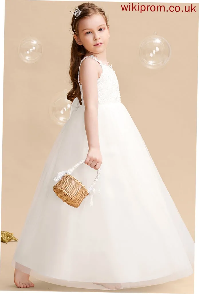 Ball-Gown/Princess Dress Taniyah Tulle/Lace Flower Girl Dresses Floor-length Beading/Bow(s) - V-neck Sleeveless Flower With Girl