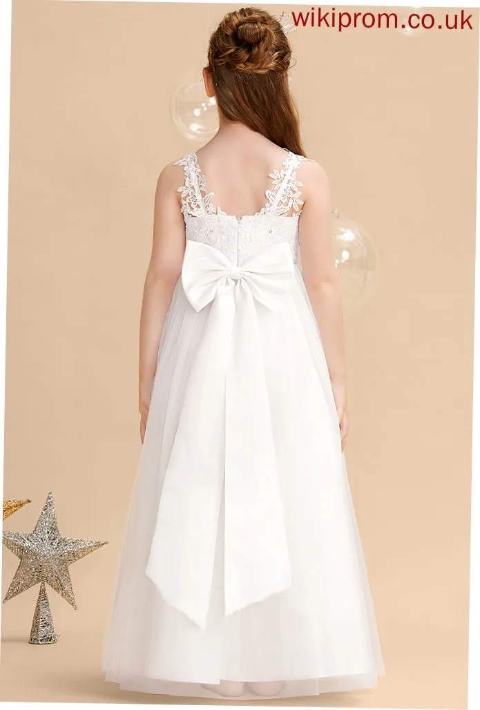 Ball-Gown/Princess Dress Taniyah Tulle/Lace Flower Girl Dresses Floor-length Beading/Bow(s) - V-neck Sleeveless Flower With Girl