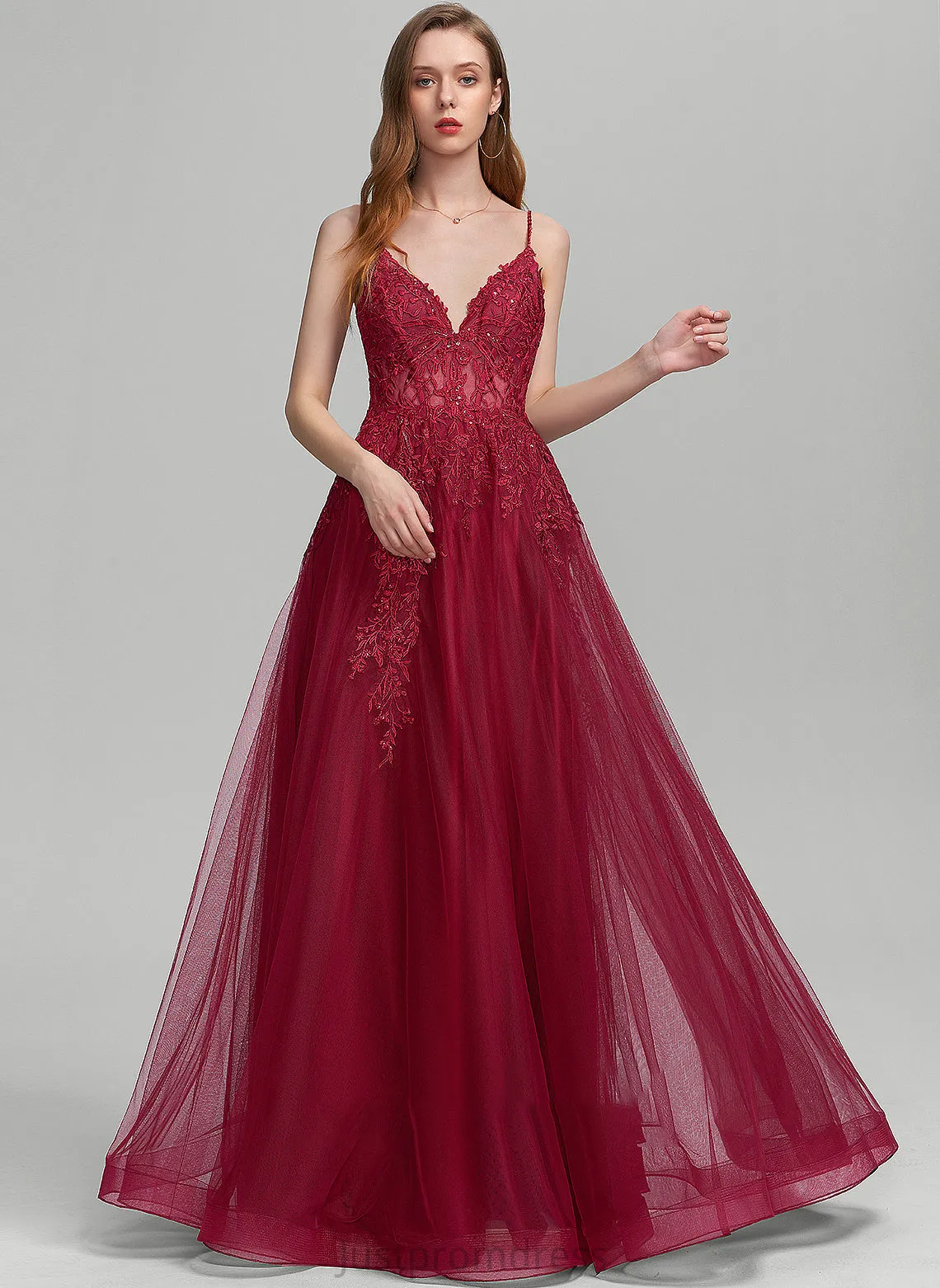 Ball-Gown/Princess Sequins Prom Dresses With Floor-Length Tulle Beading V-neck Beatrice