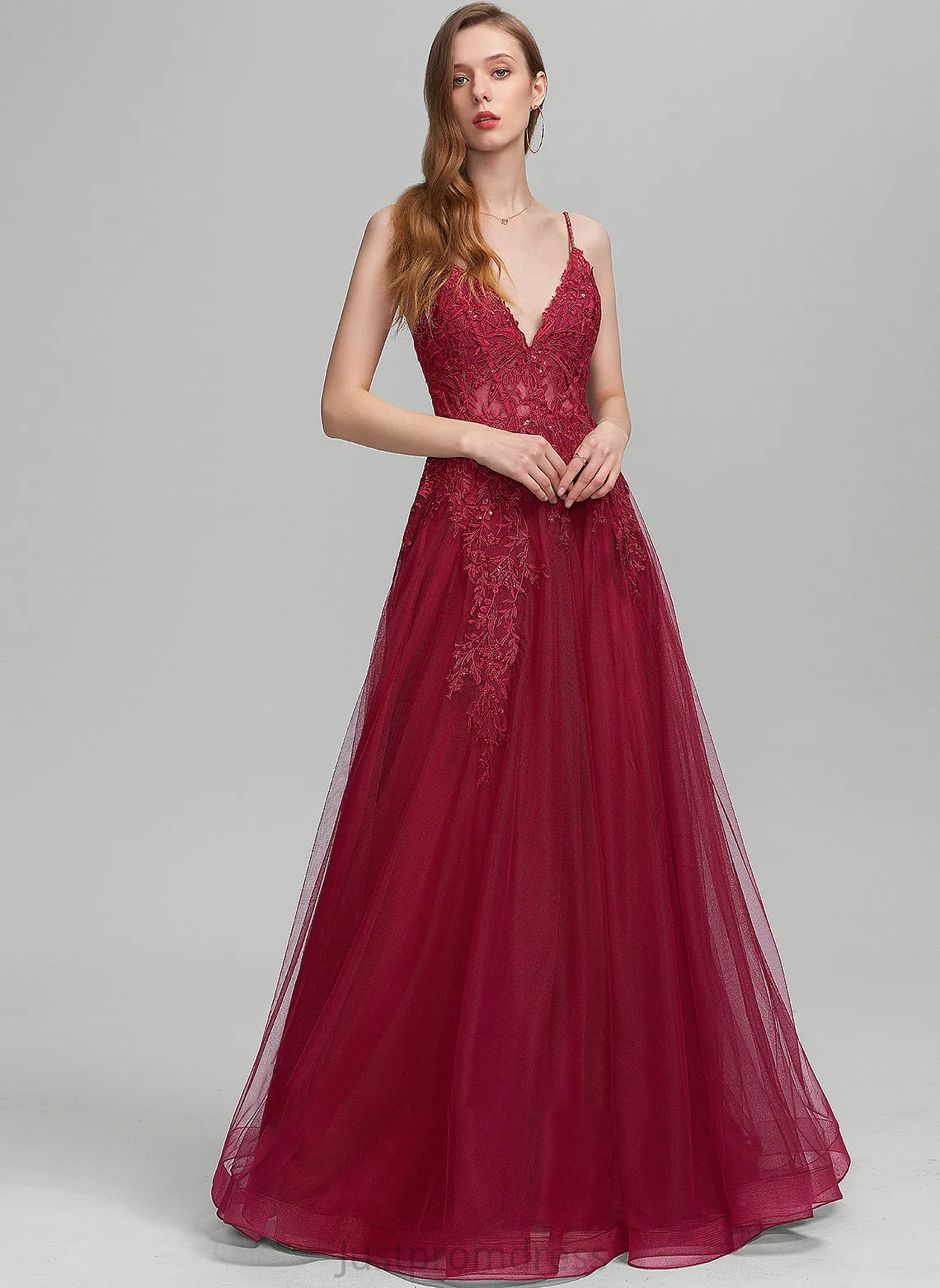 Ball-Gown/Princess Sequins Prom Dresses With Floor-Length Tulle Beading V-neck Beatrice
