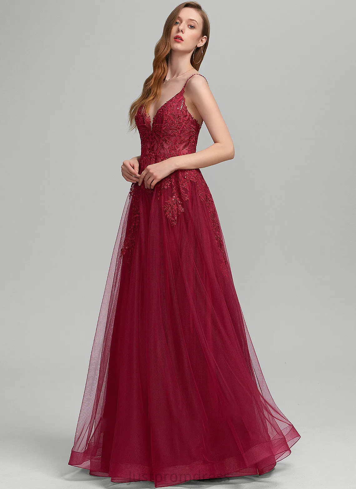 Ball-Gown/Princess Sequins Prom Dresses With Floor-Length Tulle Beading V-neck Beatrice