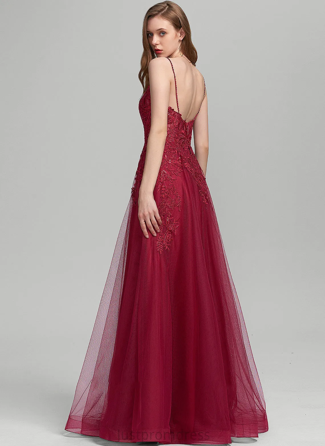 Ball-Gown/Princess Sequins Prom Dresses With Floor-Length Tulle Beading V-neck Beatrice