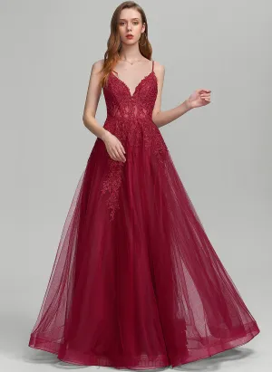 Ball-Gown/Princess Sequins Prom Dresses With Floor-Length Tulle Beading V-neck Beatrice