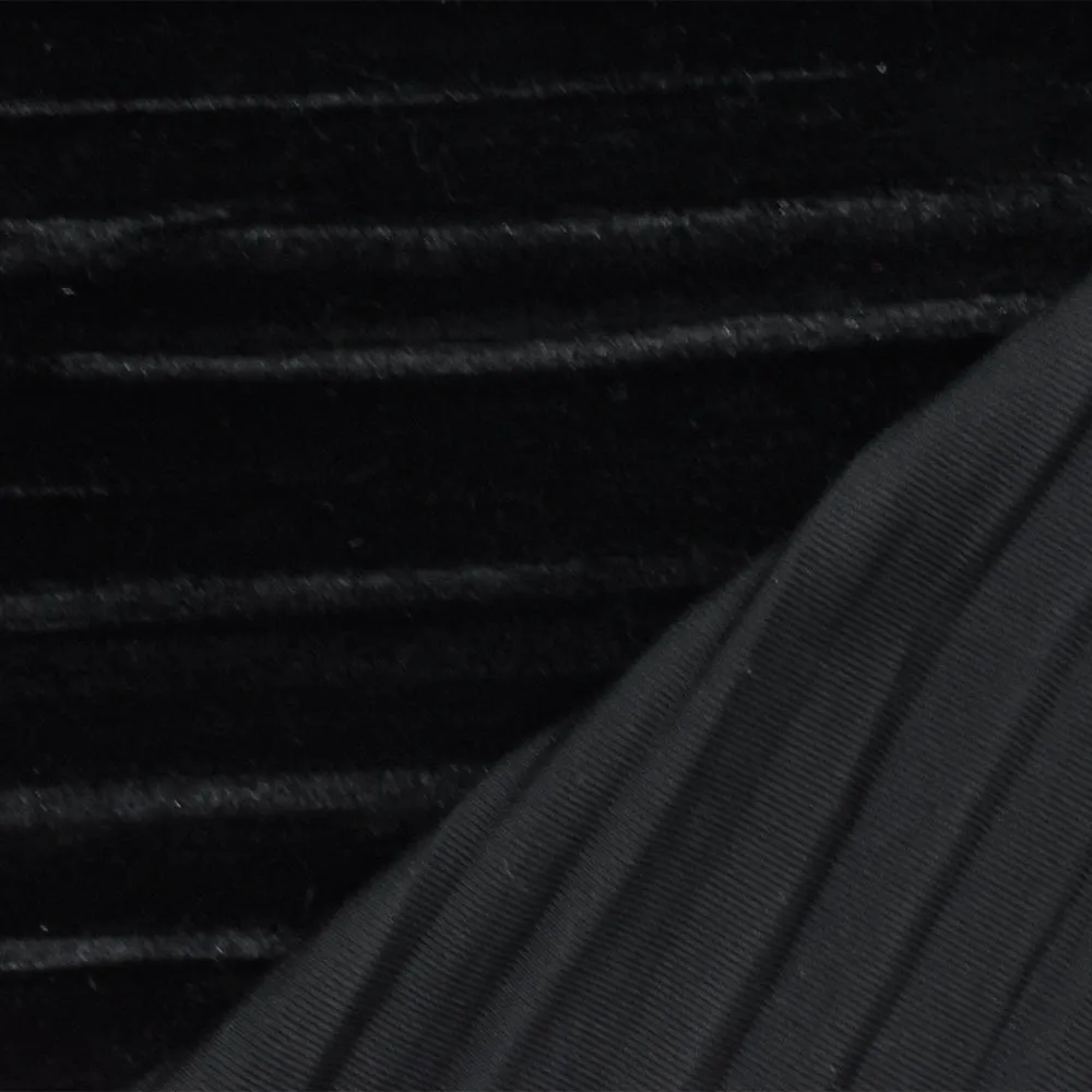 Black Pleated Stretch Poly Spandex Velvet Knit Fabric