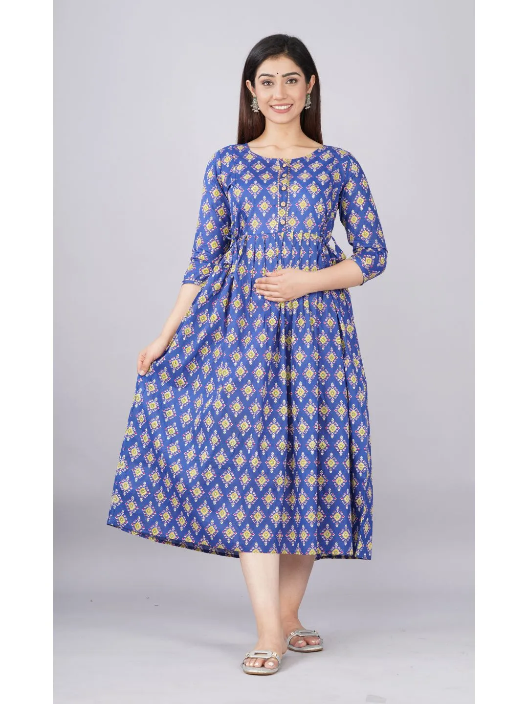 Blue Cotton Maternity Baby Feeding Dress