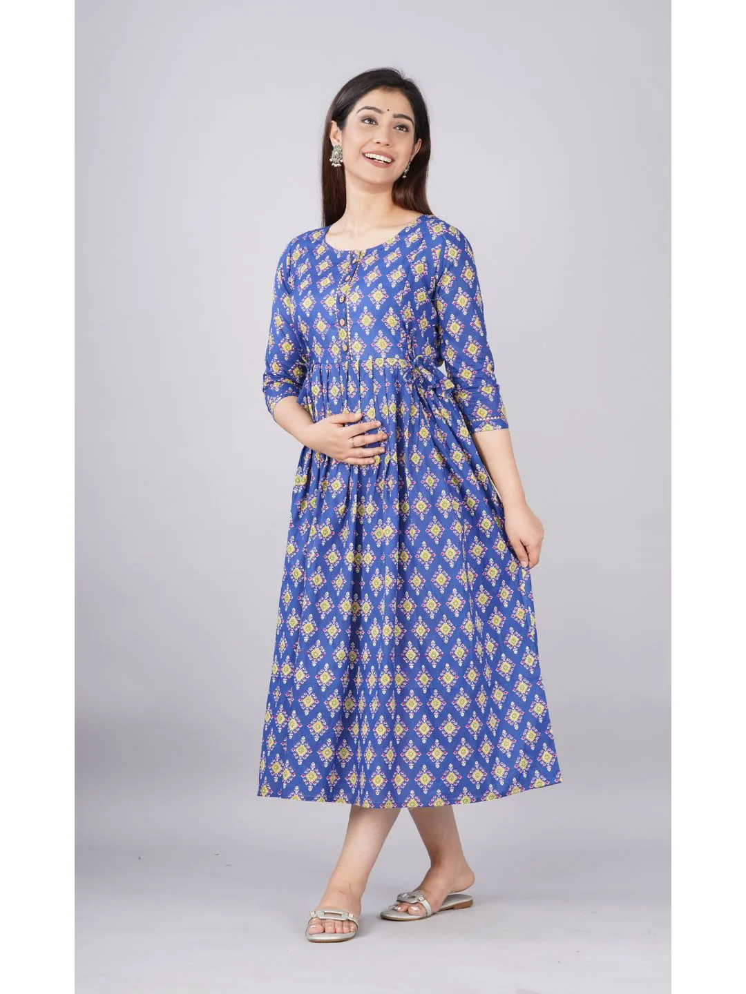 Blue Cotton Maternity Baby Feeding Dress