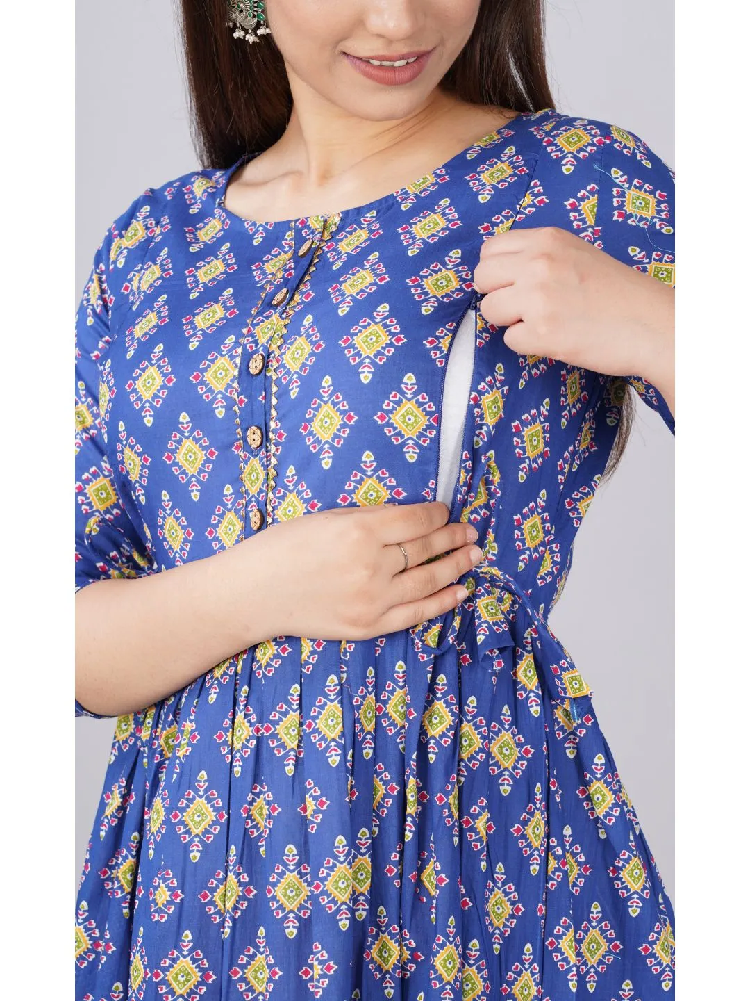 Blue Cotton Maternity Baby Feeding Dress