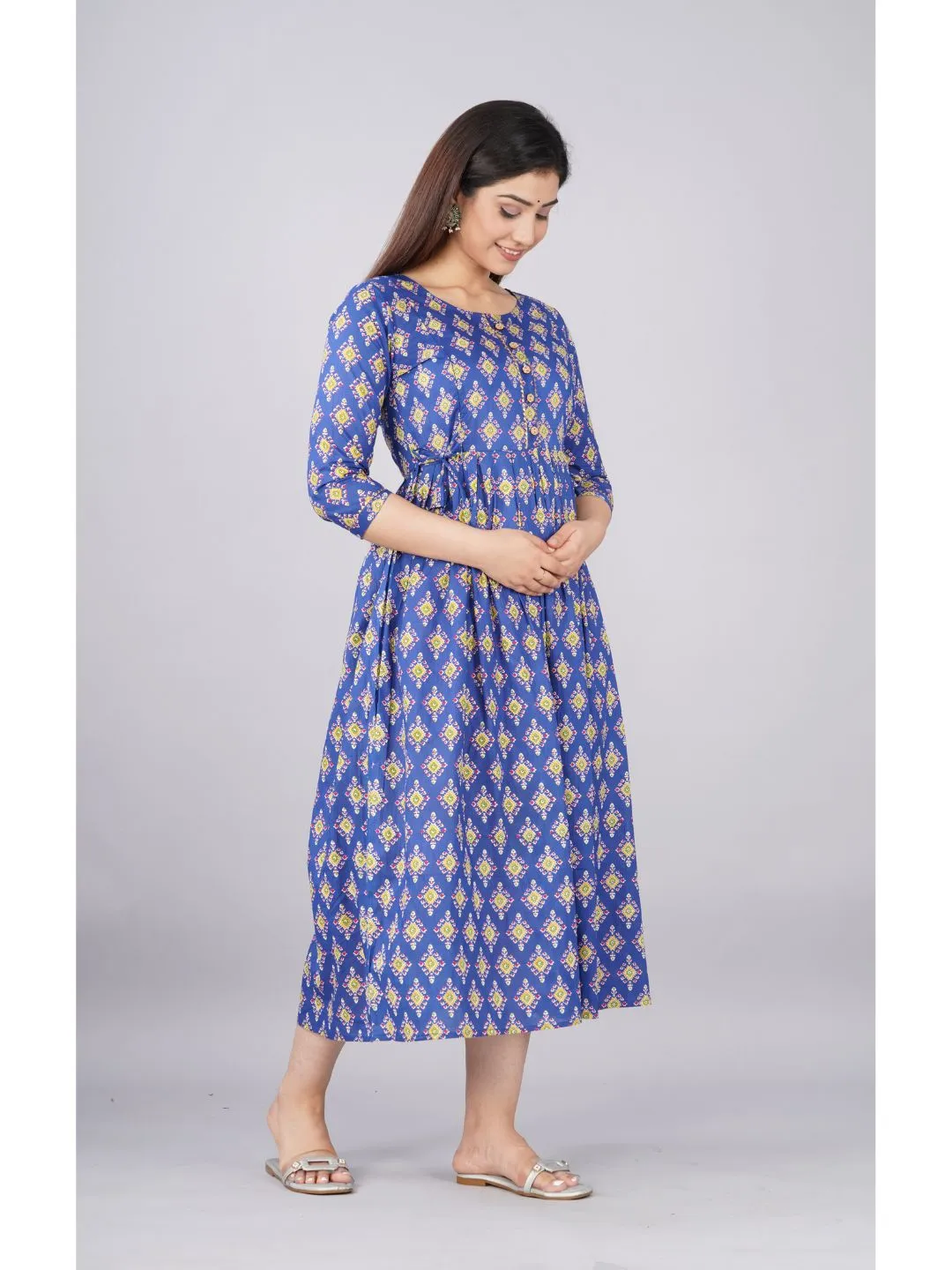 Blue Cotton Maternity Baby Feeding Dress