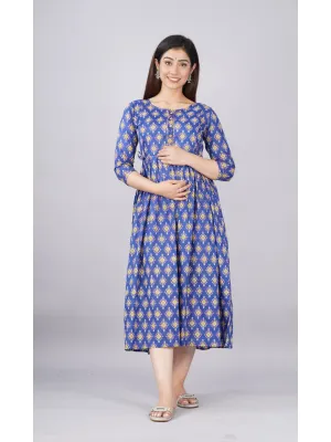 Blue Cotton Maternity Baby Feeding Dress