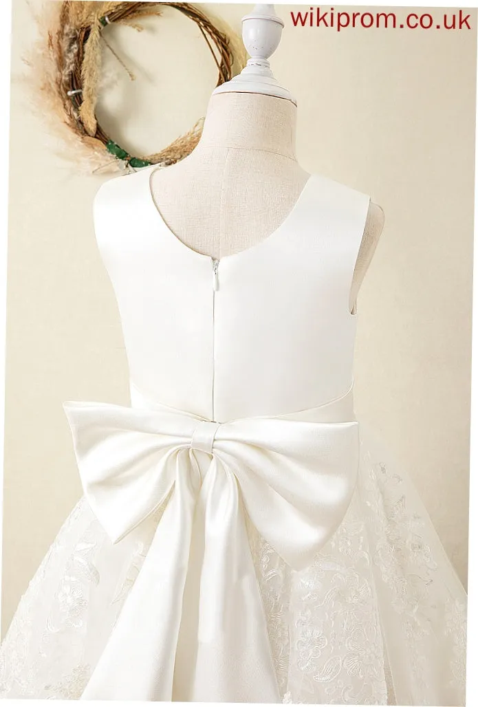 Bow(s) Flower Neck Flower Girl Dresses Sleeveless Dress - Knee-length sash) Scoop (Undetachable Girl Ball-Gown/Princess Satin/Lace Marian With