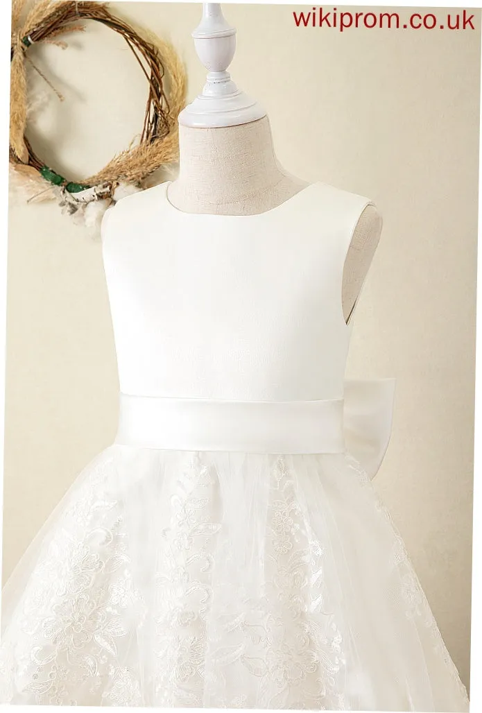 Bow(s) Flower Neck Flower Girl Dresses Sleeveless Dress - Knee-length sash) Scoop (Undetachable Girl Ball-Gown/Princess Satin/Lace Marian With