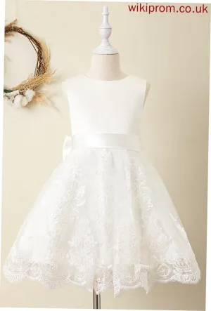 Bow(s) Flower Neck Flower Girl Dresses Sleeveless Dress - Knee-length sash) Scoop (Undetachable Girl Ball-Gown/Princess Satin/Lace Marian With