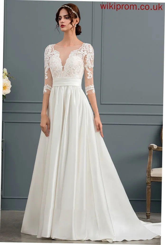 Court Wedding Dresses Wedding Ruffle Zion Scoop With Satin Neck Train Dress Ball-Gown/Princess