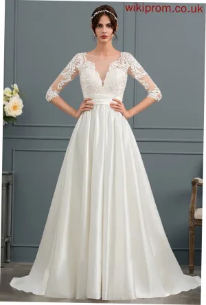 Court Wedding Dresses Wedding Ruffle Zion Scoop With Satin Neck Train Dress Ball-Gown/Princess