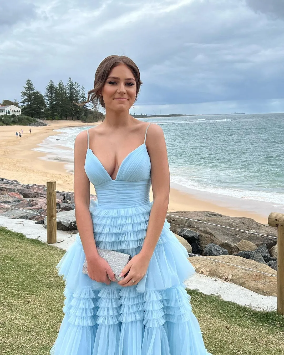 Cute Ball Gown V Neck Light Blue Ruffle Tiered Tulle Prom Dresses VK23031501