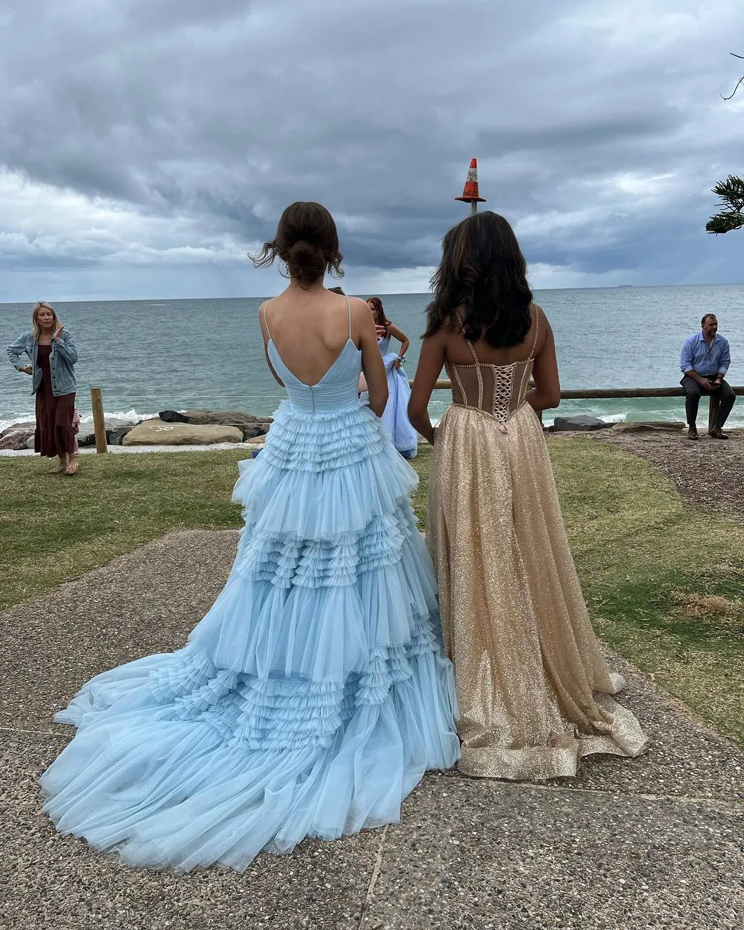 Cute Ball Gown V Neck Light Blue Ruffle Tiered Tulle Prom Dresses VK23031501