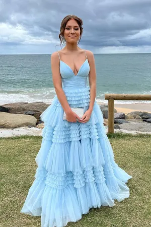 Cute Ball Gown V Neck Light Blue Ruffle Tiered Tulle Prom Dresses VK23031501