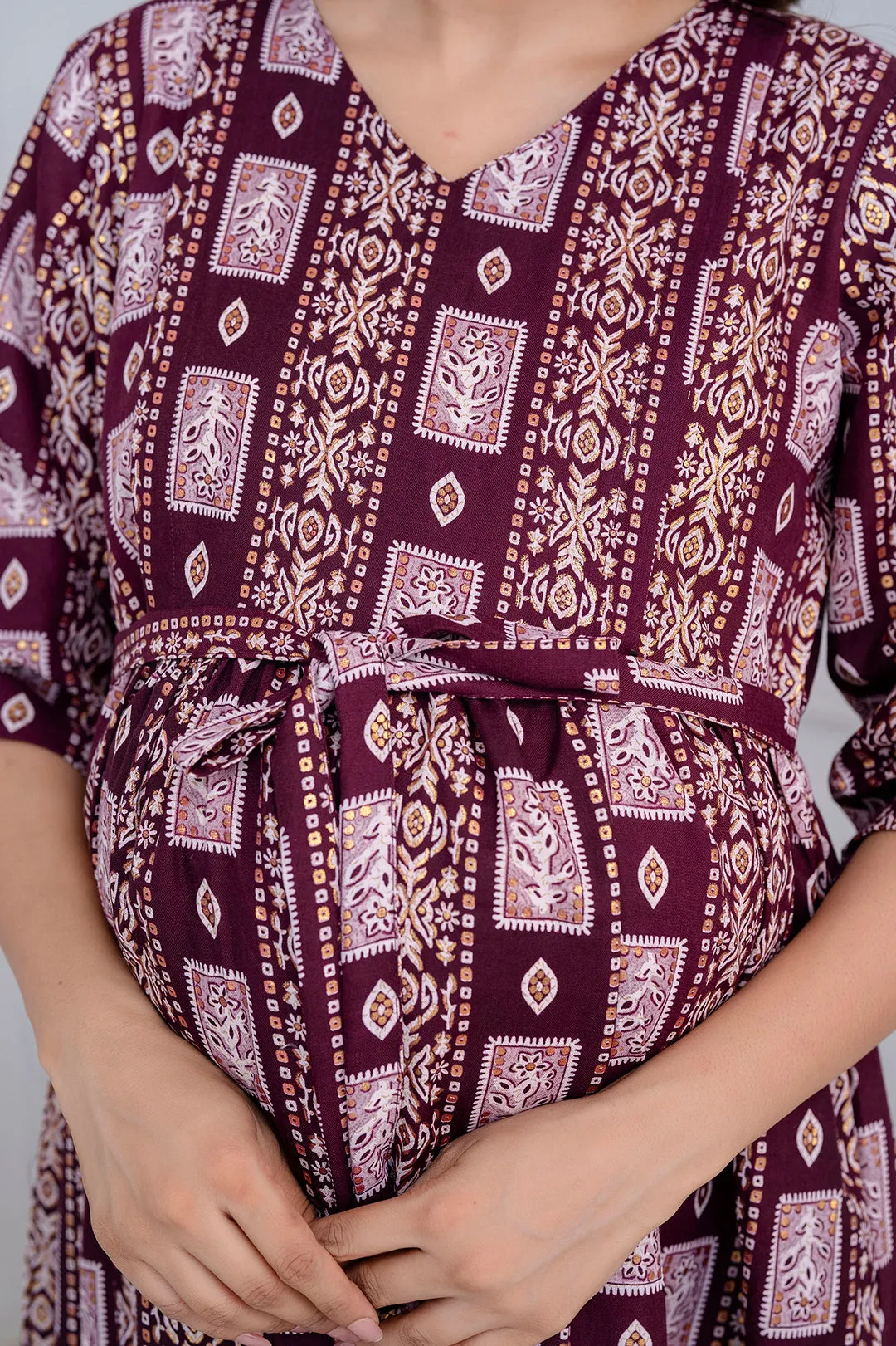 Fab Burgundy Printed Maternity Dress For Women