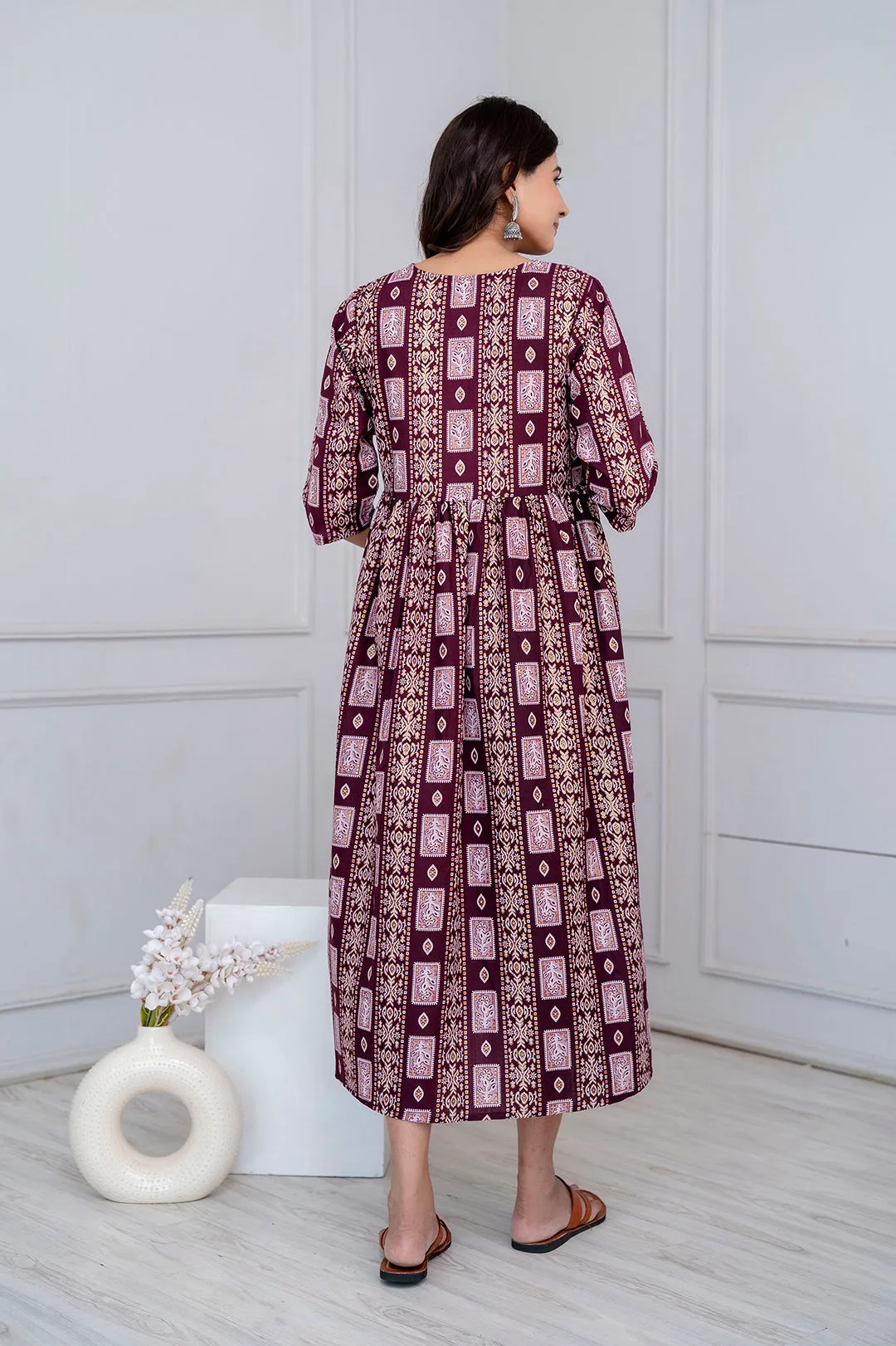 Fab Burgundy Printed Maternity Dress For Women