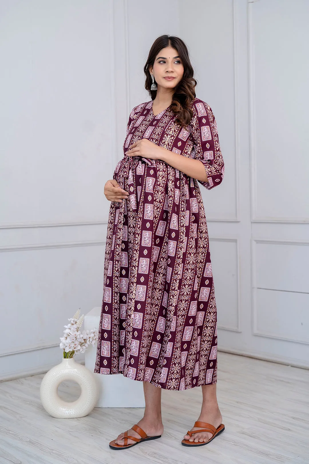 Fab Burgundy Printed Maternity Dress For Women