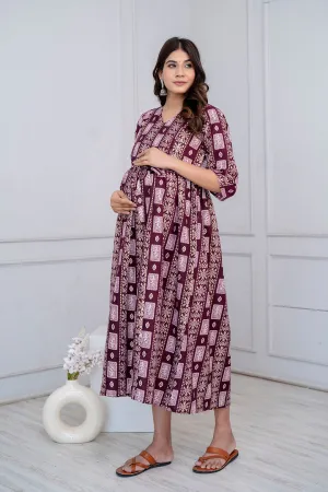 Fab Burgundy Printed Maternity Dress For Women