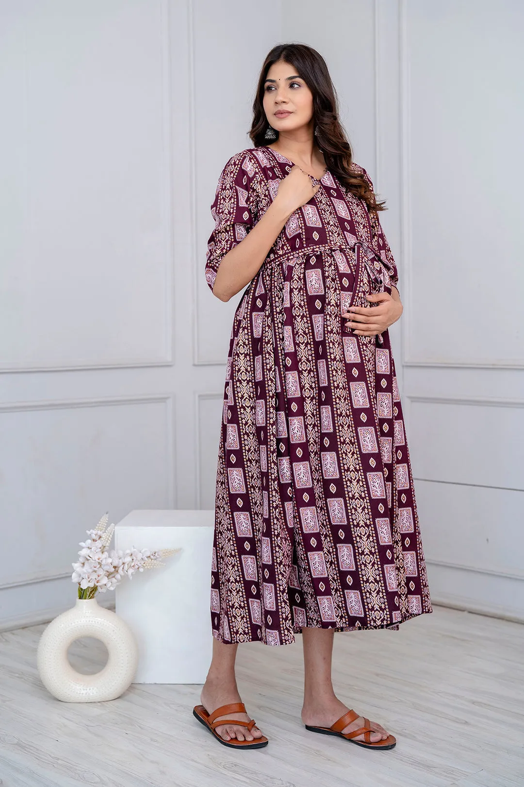 Fab Burgundy Printed Maternity Dress For Women