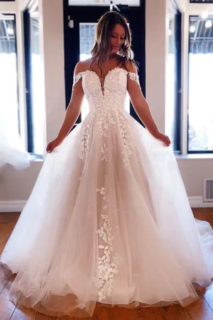 Fairy Ball Gown Off the Shoulder Tulle Wedding Dresses with Appliques VK0731103