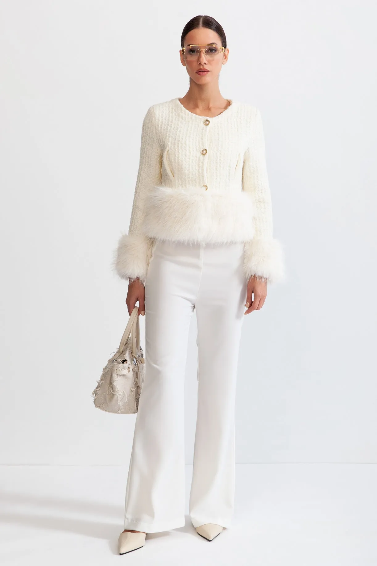 Faux Fur Coat with Wool Blend - White