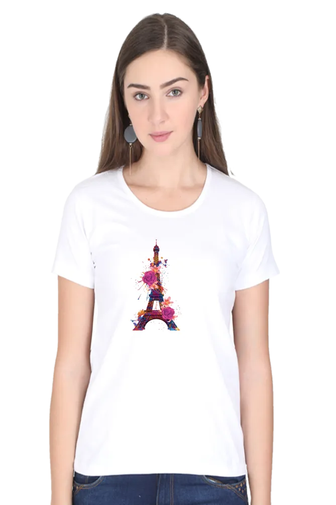 Floral Eiffel Tower Printed Scoop Neck T-shirt for women