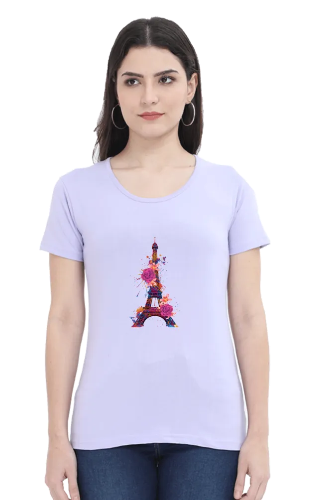 Floral Eiffel Tower Printed Scoop Neck T-shirt for women
