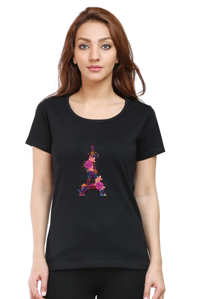 Floral Eiffel Tower Printed Scoop Neck T-shirt for women