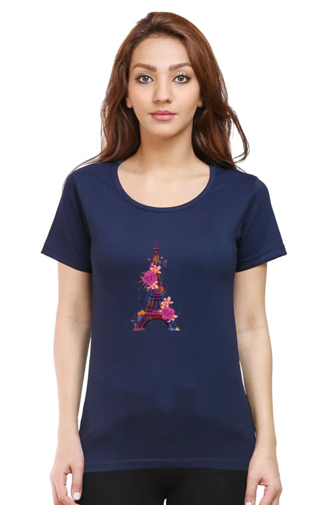 Floral Eiffel Tower Printed Scoop Neck T-shirt for women