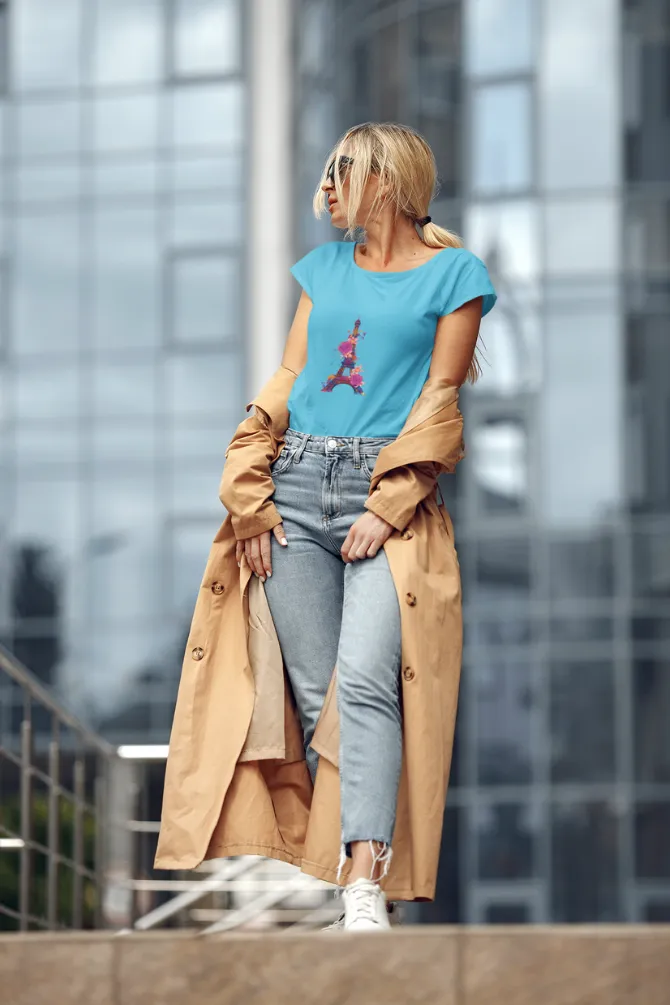 Floral Eiffel Tower Printed Scoop Neck T-shirt for women