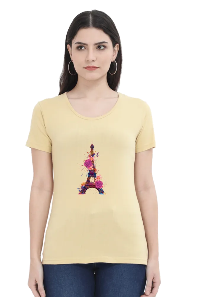 Floral Eiffel Tower Printed Scoop Neck T-shirt for women