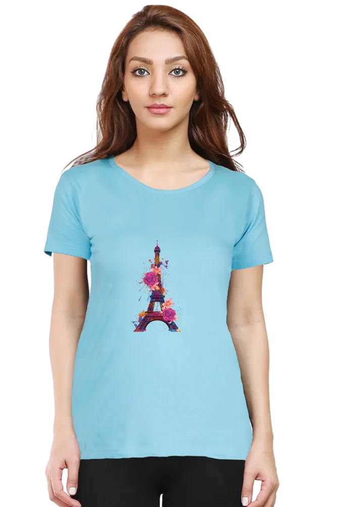 Floral Eiffel Tower Printed Scoop Neck T-shirt for women