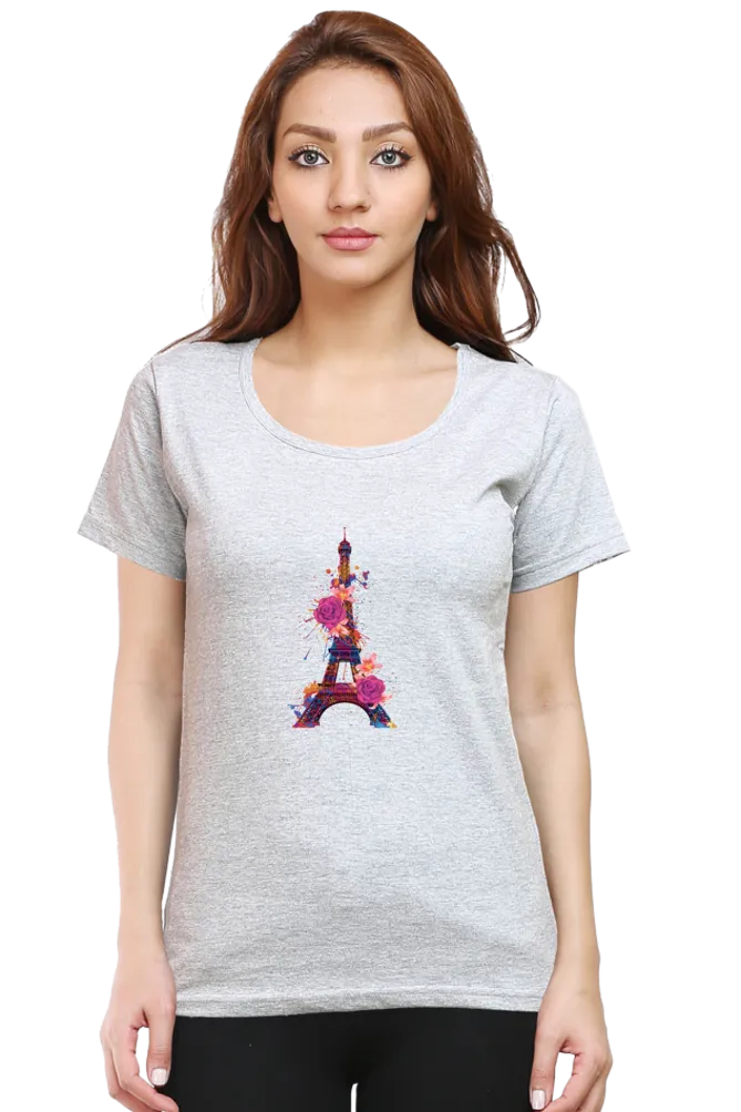Floral Eiffel Tower Printed Scoop Neck T-shirt for women