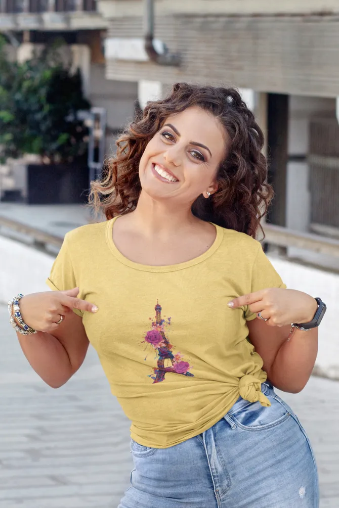 Floral Eiffel Tower Printed Scoop Neck T-shirt for women