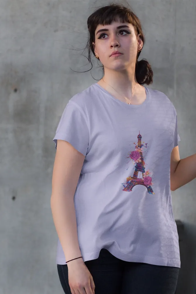 Floral Eiffel Tower Printed Scoop Neck T-shirt for women