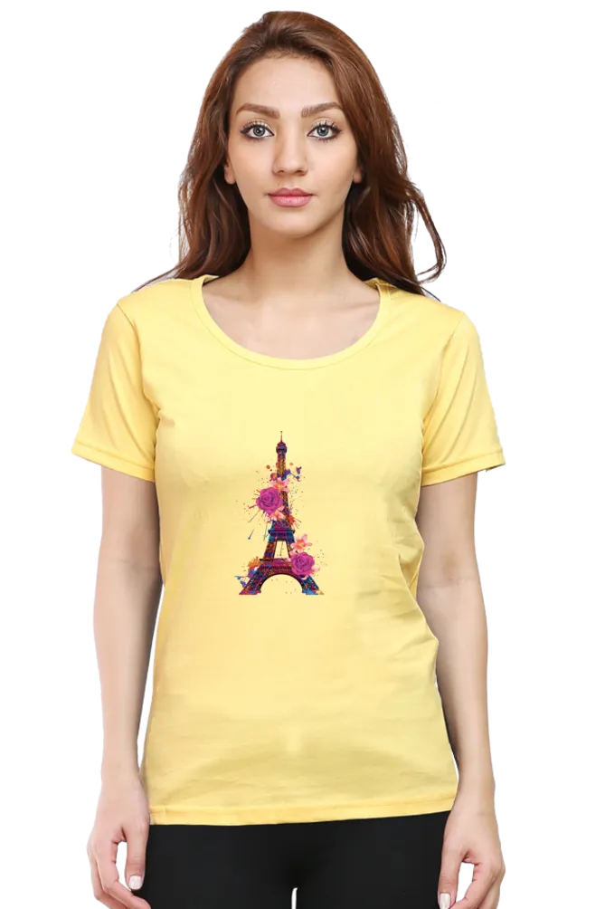 Floral Eiffel Tower Printed Scoop Neck T-shirt for women