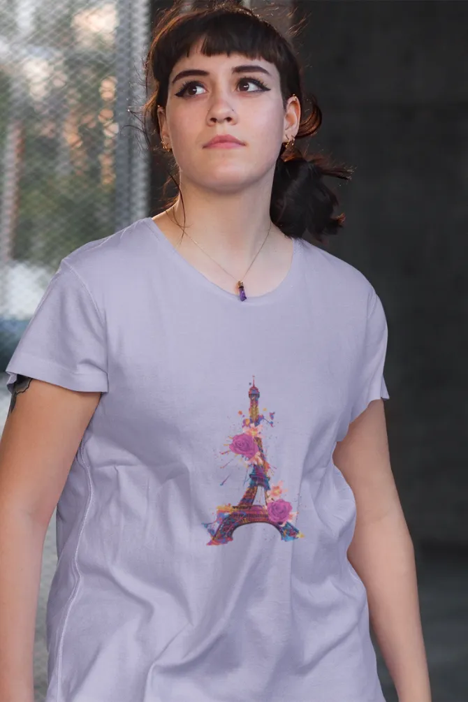 Floral Eiffel Tower Printed Scoop Neck T-shirt for women
