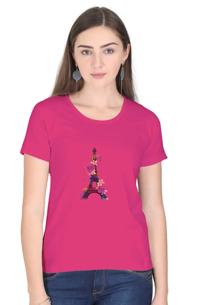 Floral Eiffel Tower Printed Scoop Neck T-shirt for women