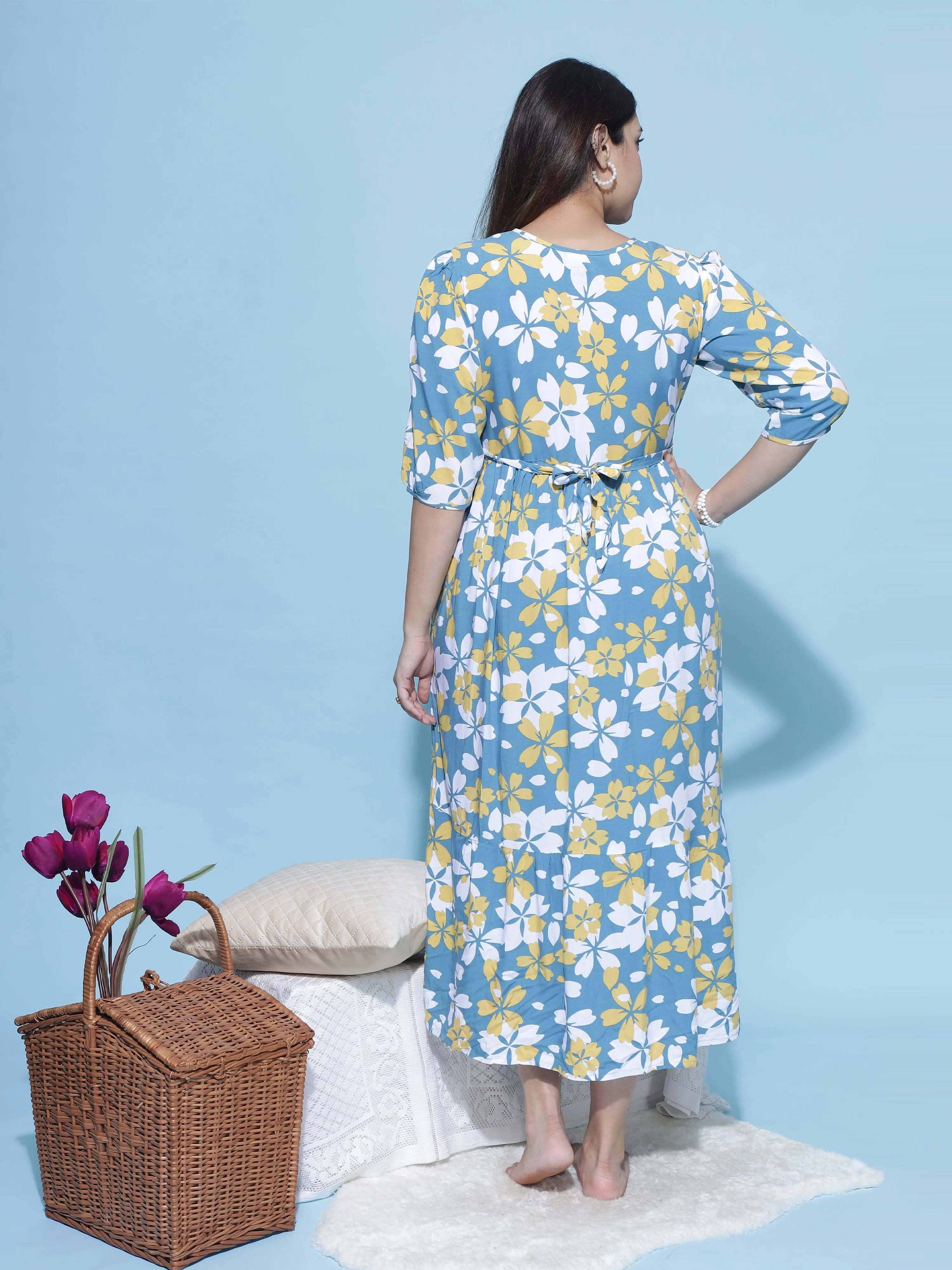 Floral Print Rayon Maternity Feeding Dress in Blue