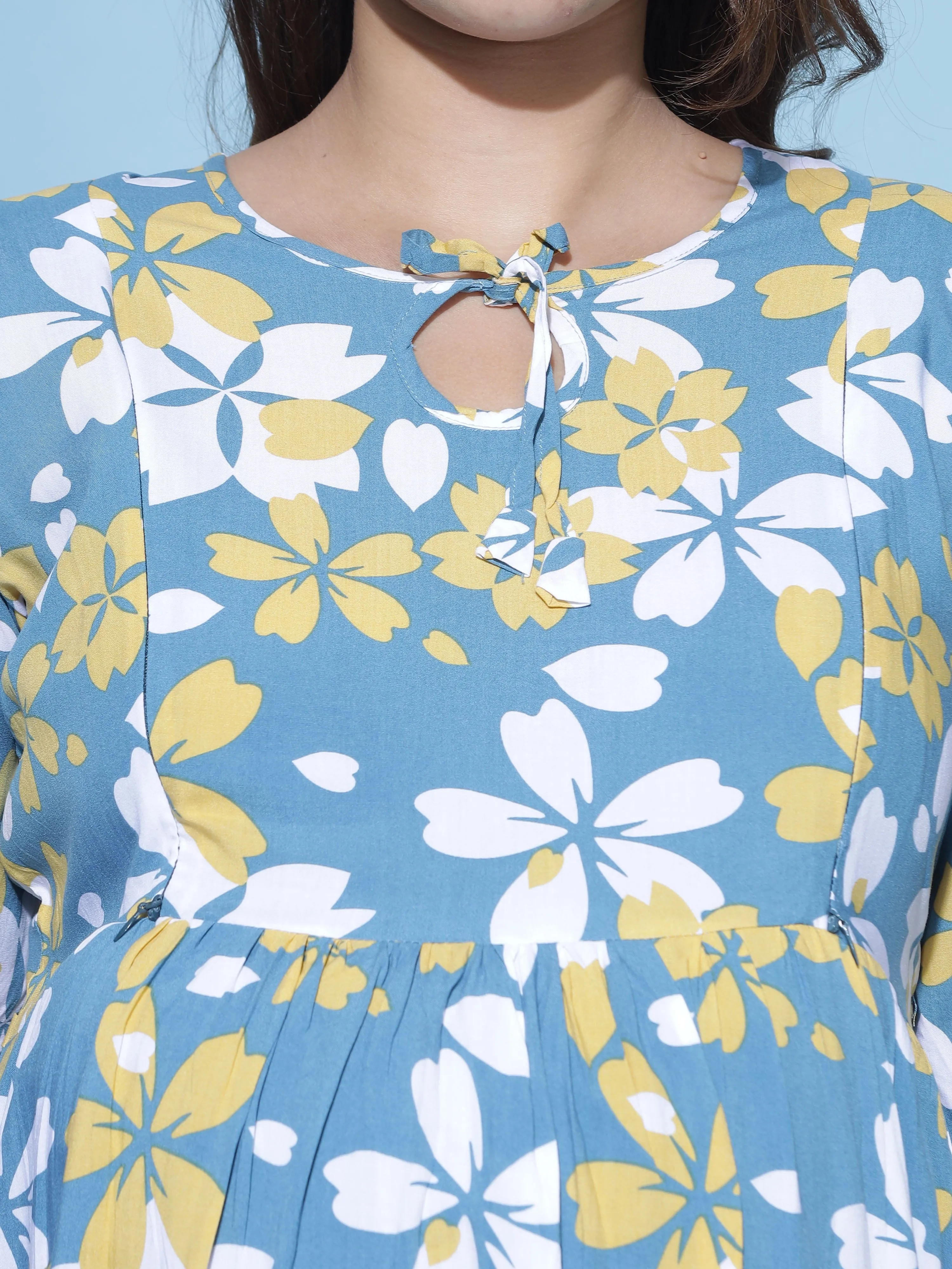 Floral Print Rayon Maternity Feeding Dress in Blue