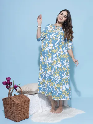 Floral Print Rayon Maternity Feeding Dress in Blue