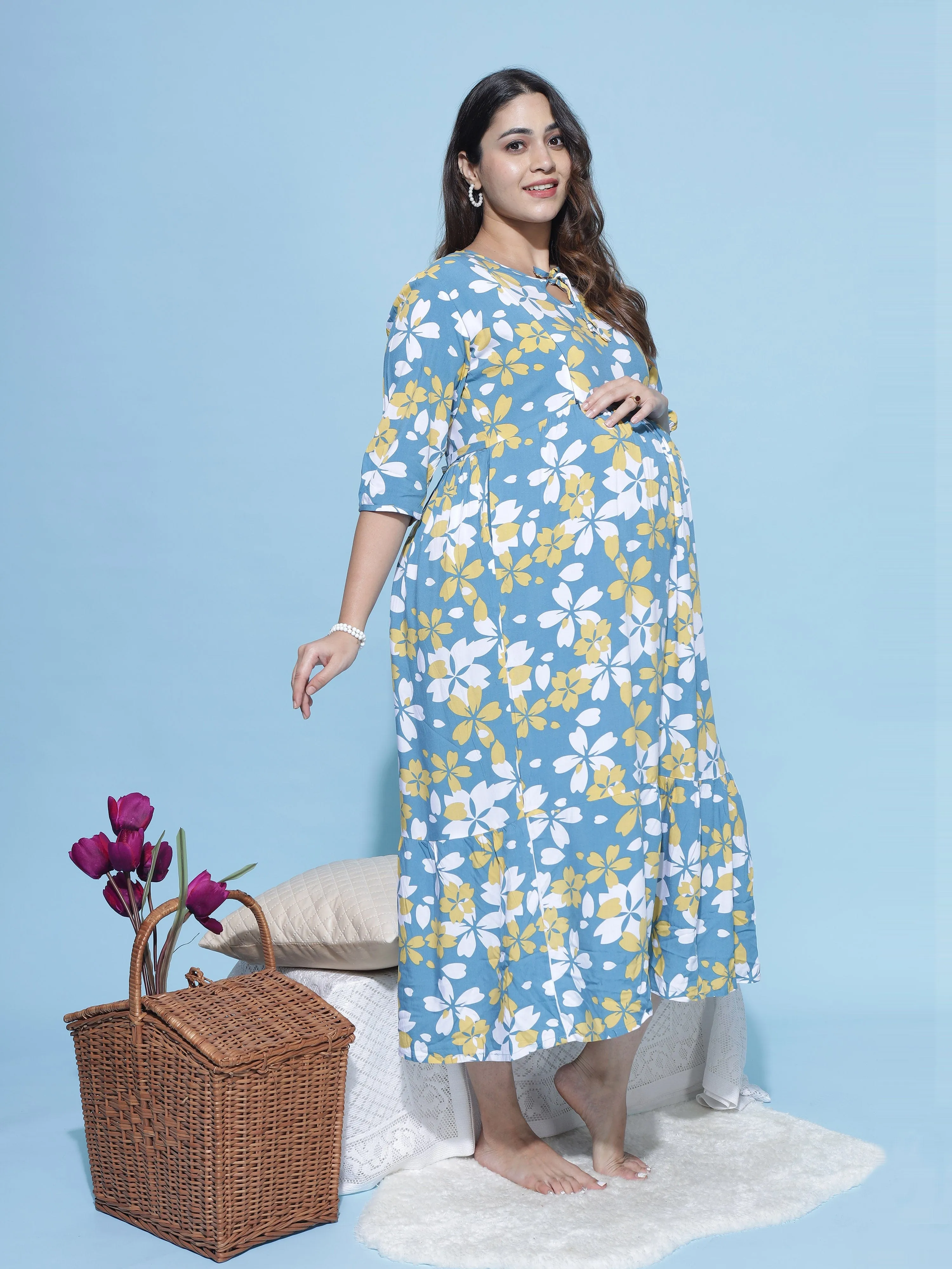 Floral Print Rayon Maternity Feeding Dress in Blue